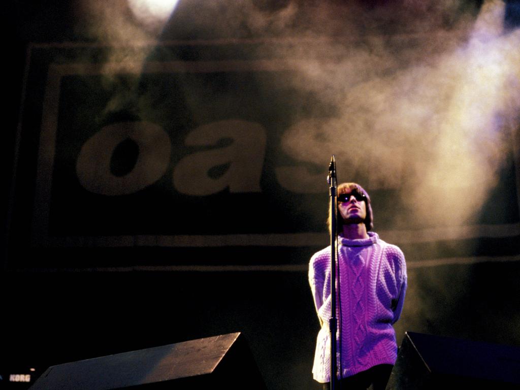 Liam Gallagher on stage during Oasis’ massive Knebworth shows in 1996. Picture: Roberta Parkin./Redferns