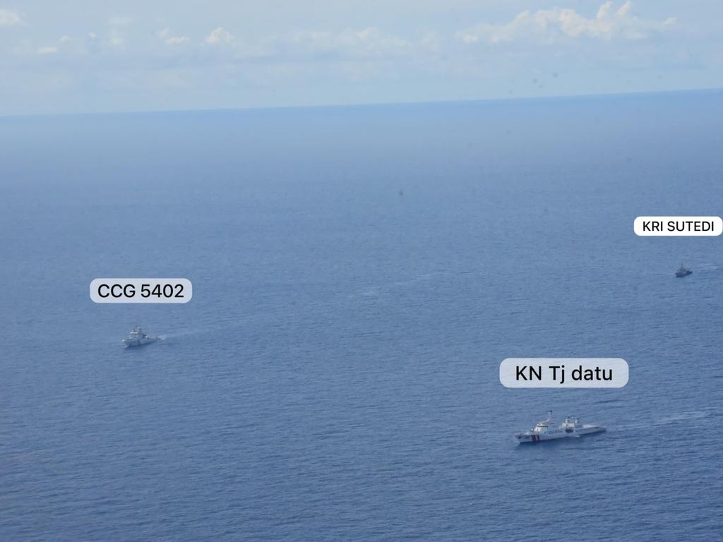 Indonesian navy and coastguard vessels - KN TJ Datu and KRI Sutedi, eject a Chinese Coastguard vessel from Indonesia’s north Natuna waters on day one of Prabowo Subianto’s new presidency after the vessel  was found to be harassing a seismic data survey being carried out by State energy company Pertamina. Picture: Supplied