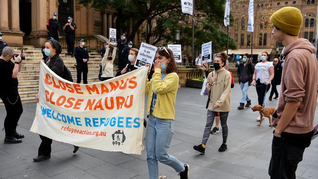 Protesters gather for a Free The Refugees rally at Sydney Town Hall yesterday. Picture: AAP