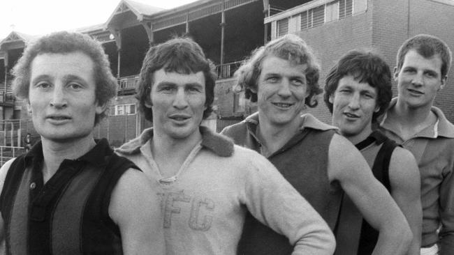 ‘Dizzy’ Lynch with fellow 1976 Richmond recruits (from left) Michael Malthouse, Graham Gaunt, Ian Scrimshaw and Graeme Robertson.