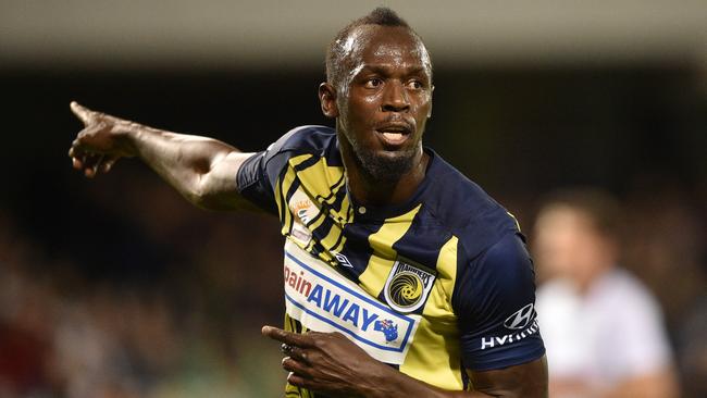 Olympic sprinter Usain Bolt celebrates scoring a goal for A-League football club Central Coast Mariners in his first competitive start for the club on October 12.