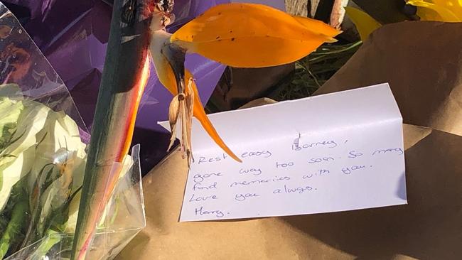 A card left in memory of Barney Wakes-Miller, 17, of Oxford Falls, who died in a road accident at Elanora Heights on Saturday night. Picture: Supplied