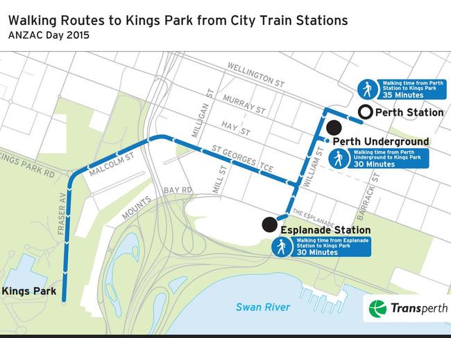 People are urged to use the free public transport in Perth on Anzac Day. Transperth is also advising people to walk to the Kings Park dawn service from the city.