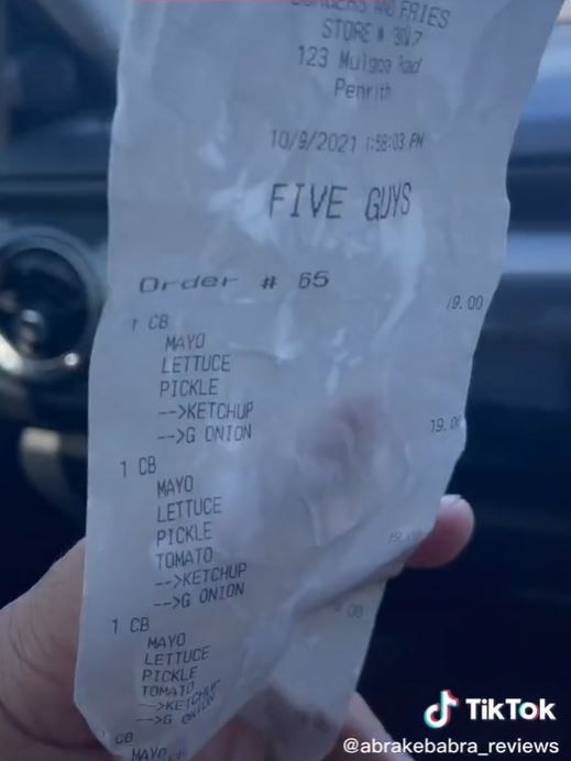 A Sydney customer was furious after spending a fortune on a takeaway meal at the new Five Guys in Australia. Picture: TikTok/abrakebabra_reviews