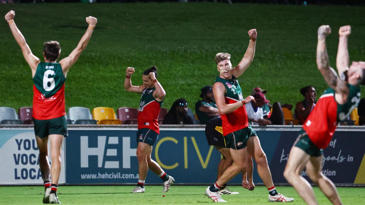 South Cairns Cutters players celebrate victory at full time in the AFL Cairns men's grand final match defeating the North Cairns Tigers at Cazalys Stadium, Westcourt. Picture: Brendan Radke