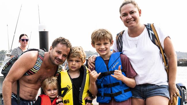 The Lawson family with dad Ben, Taje, 3, Jye, 6, and Kale 9, with mum Sarah at Ulladulla after being evacuated from Bendalong. Picture's Darren Leigh Roberts