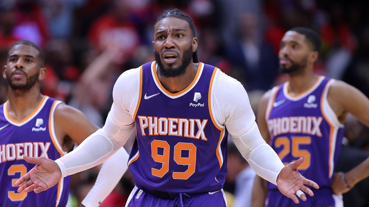 NEW ORLEANS, LOUISIANA - APRIL 24: Jae Crowder #99 of the Phoenix Suns reacts during the second half of Game Four of the Western Conference First Round against the New Orleans Pelicans at the Smoothie King Center on April 24, 2022 in New Orleans, Louisiana. NOTE TO USER: User expressly acknowledges and agrees that, by downloading and or using this Photograph, user is consenting to the terms and conditions of the Getty Images License Agreement. (Photo by Jonathan Bachman/Getty Images)