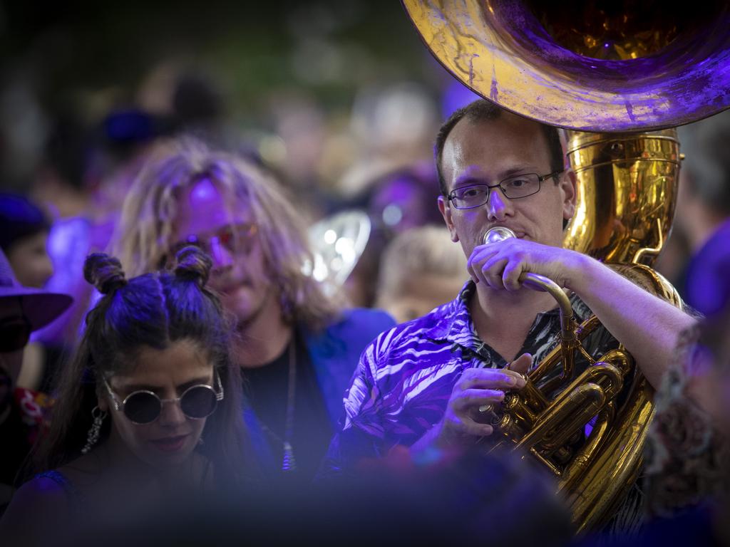 Musicians snake their way through PW1 at day 5 of the Taste of Tasmania. Picture: LUKE BOWDEN