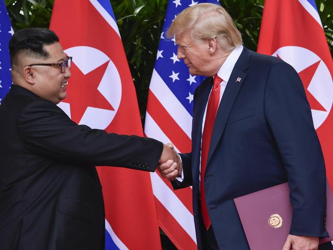 Donald Trump claims he has ended the North Korea nuclear threat through his summit with Kim Jong-un. Picture: AP Photo/Susan Walsh, Pool, Fie