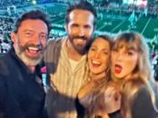 Hugh Jackman, Ryan Reynolds, Blake Lively, Taylor Swift watching the Kansas City Chiefs take on the New York Jets at MetLife Stadium in East Rutherford, New Jersey for the 2025 Superbowl.