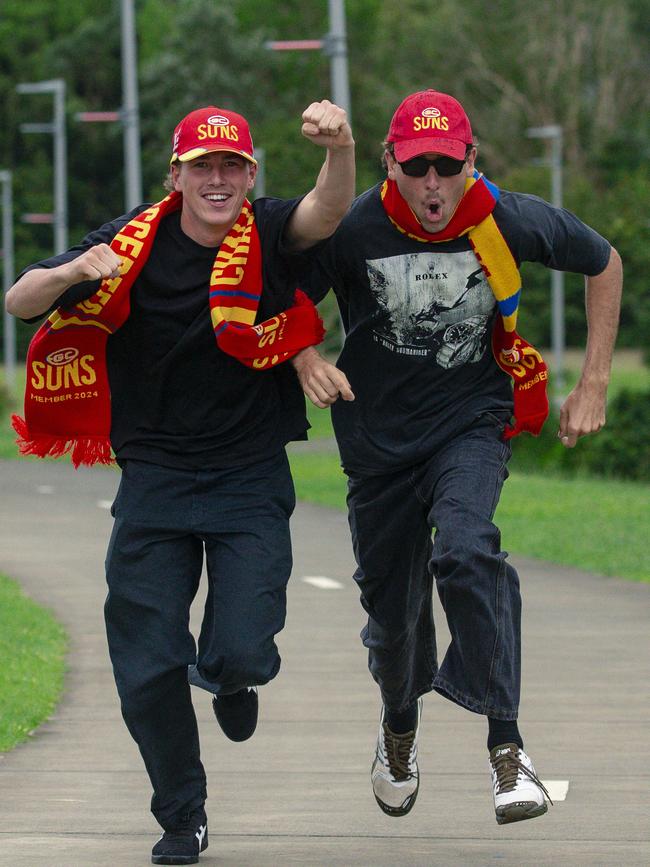 All the way from WA and running late are Suns fans Genjii Annert and Nash Margaria before the Suns V Freo at People First Stadium Cararra. Picture: Glenn Campbell