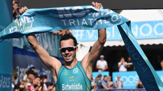 2019 Noosa Triathlon. Jake Birtwhistle crosses the line to win the Elite Male Race. Photo Warren Lynam / Sunshine Coast Daily