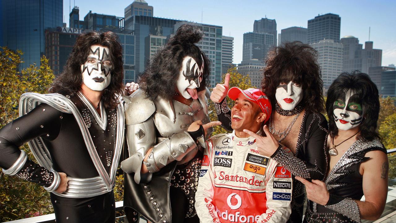 Legendary rockers Kiss (Tommy Thayer, Gene Simmons, Paul Stanley, and Eric Singer) meet Lewis Hamilton at Crown Towers. -