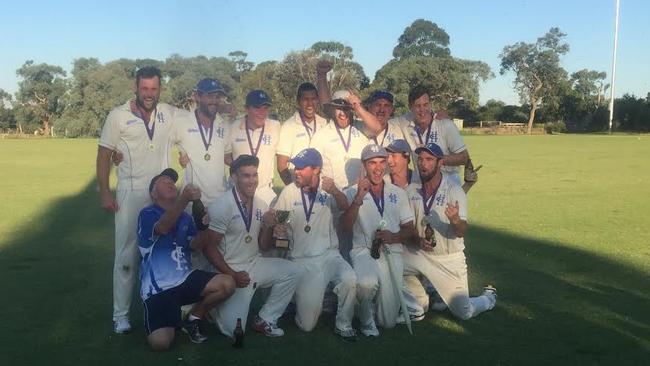 Hastings players strike a premiership pose after beating Frankston YCW in the MPCA Sub District grand final at Skye last Sunday.