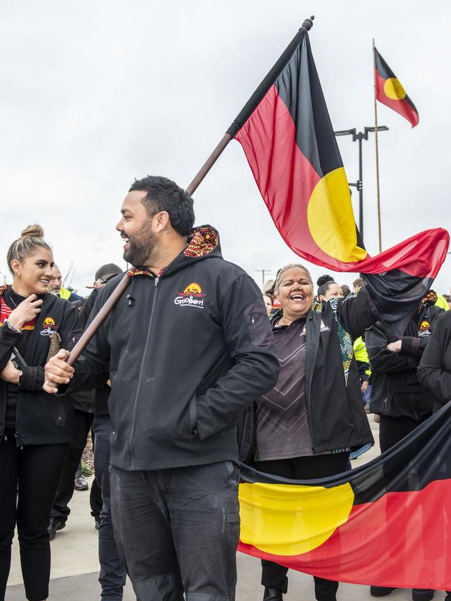 (from left) Tahnia King, Nathan Gaulton and Lizzie Adams. NAIDOC Week march in Toowoomba. Monday, July 4, 2022. Picture: Nev Madsen.