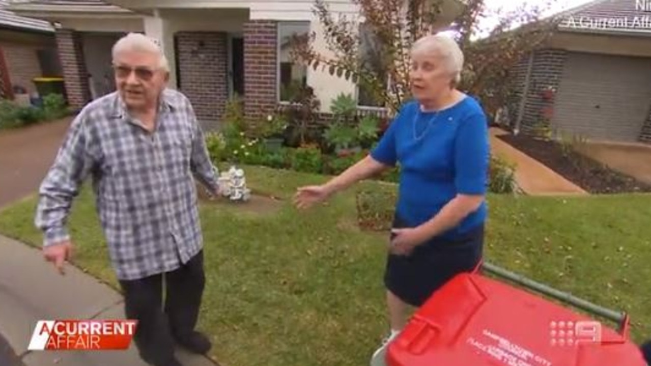 George and Judy have been arguing about where a garbage bin should be placed for collection. Picture: A Current Affair