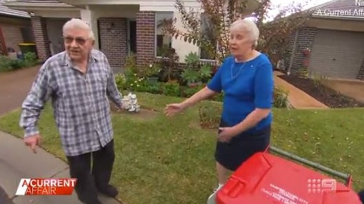 George and Judy have been arguing about where a garbage bin should be placed for collection. Picture: A Current Affair