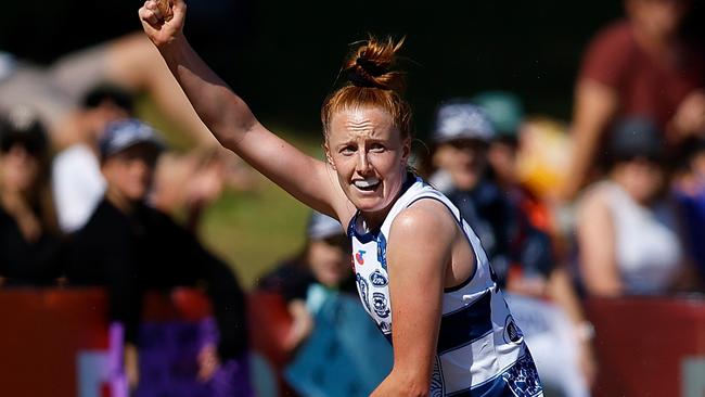 PERTH, AUSTRALIA - OCTOBER 26: Aishling Moloney of the Cats celebrates her goal during the round nine AFLW match between Waalitj Marawar (West Coast Eagles) and Geelong Cats at Mineral Resources Park, on October 26, 2024, in Perth, Australia. (Photo by James Worsfold/Getty Images)