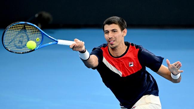 Alexei Popyrin of Australia plays a shot in his match against Christopher O’Connell of Australia at the 2024 Brisbane International at Queensland Tennis Centre. Picture: Bradley Kanaris/Getty Images.