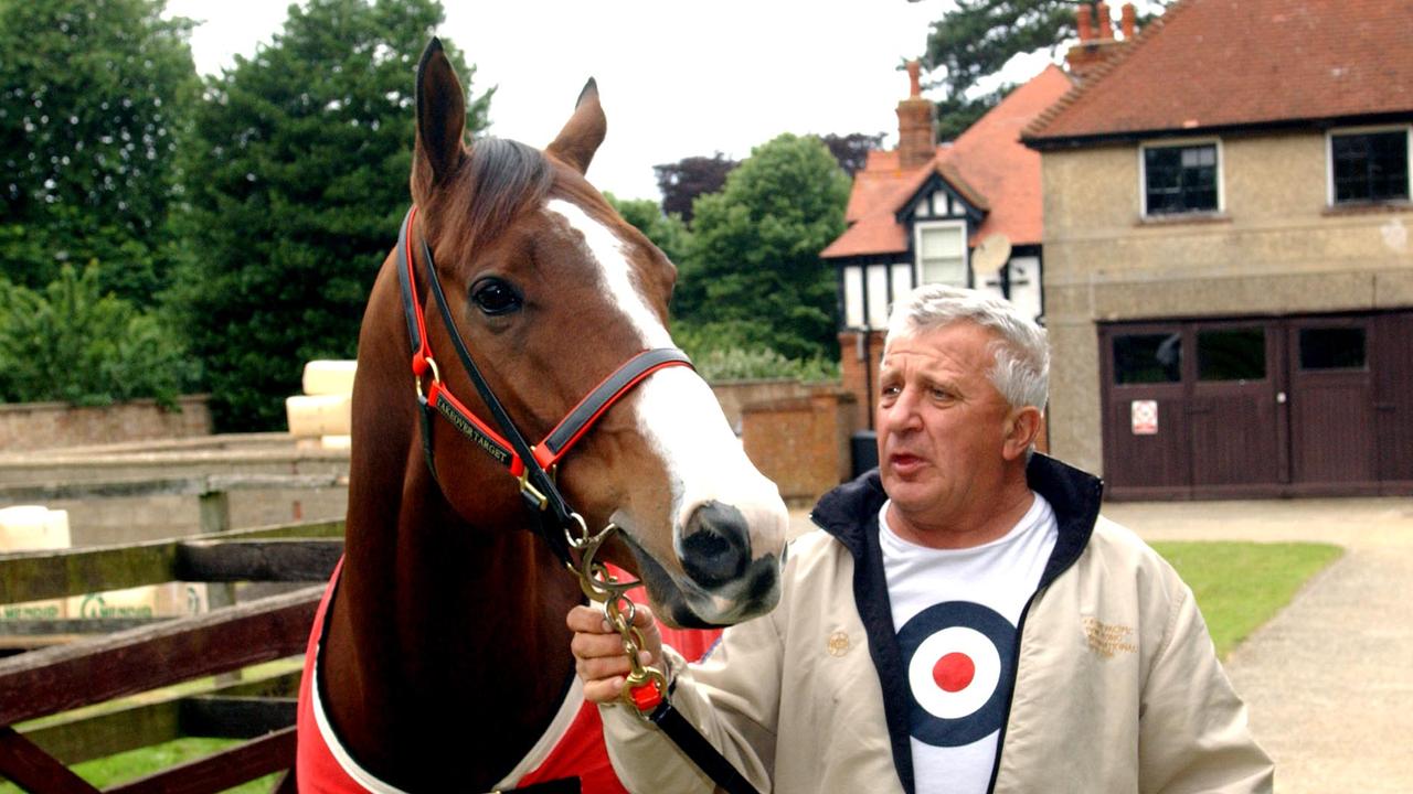 Australian trainer Joe Janiak with racehorse Takeover Target, which is to race at Royal Ascot next week, at their Newmarket base in England.