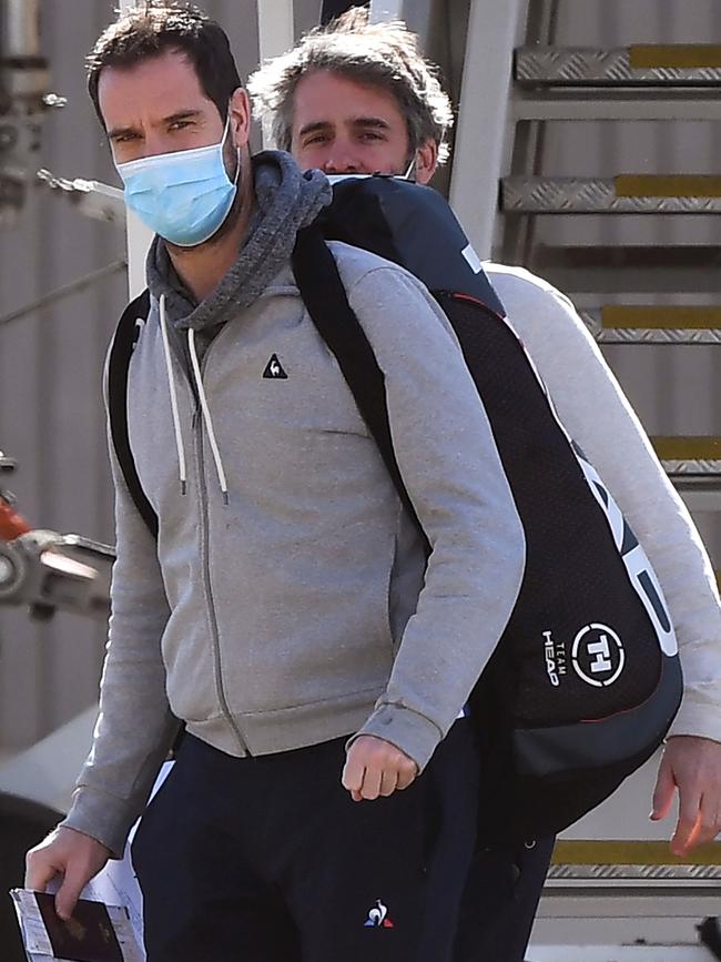 World No 47 Richard Gasquet and his coach Julien Cassaigne were among several tennis players and support staff to arrive in Melbourne on Thursday Picture: AFP