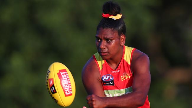 Kitara Whap-Farrar during a Gold Coast Suns AFLW training session at Leyshon Park on January 29, 2020 in Brisbane, Australia. (Photo by Chris Hyde/Getty Images)