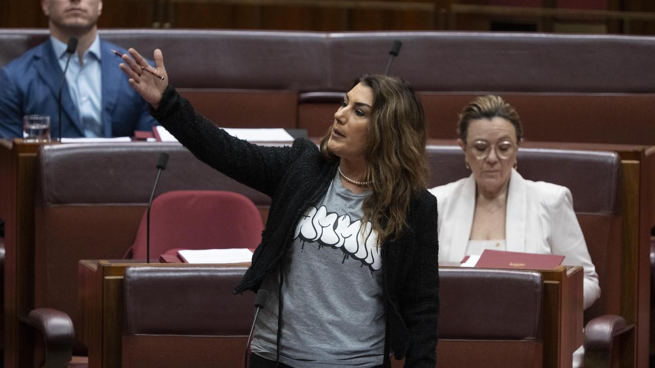 Senate president Sue Lines ordered Senator Thorpe to put on a jacket to cover her shirt. Picture: NCA NewsWire / Martin Ollman