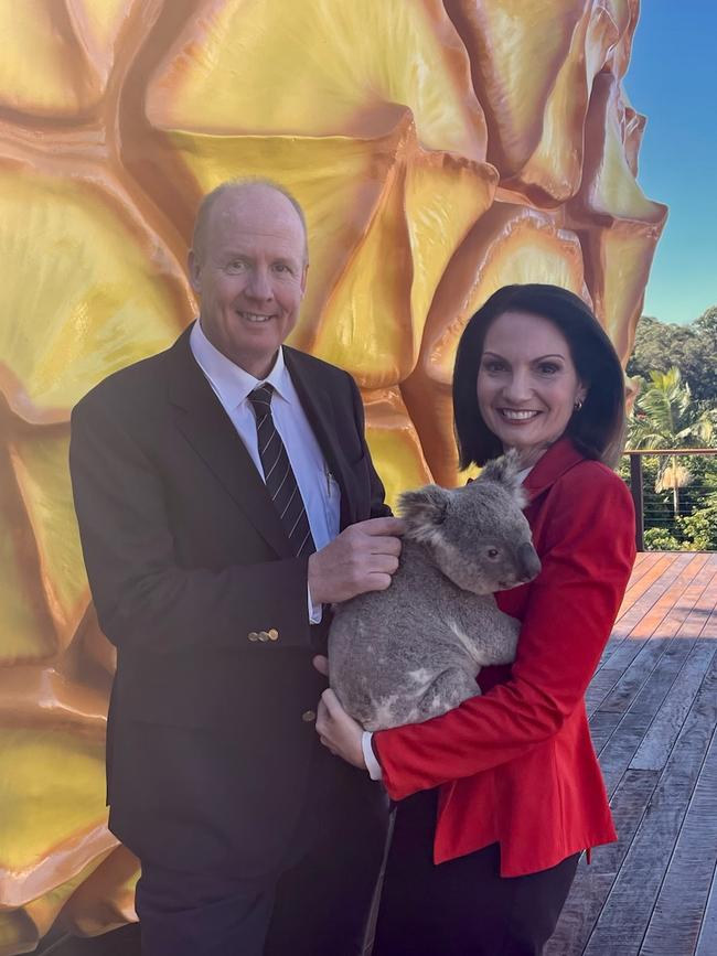 Big Pineapple owner Peter Kendall and Sunshine Coast Mayor Rosanna Natoli with Arlo the koala from Wildlife HQ. Photo: Michele Sternberg/Visit Sunshine Coast