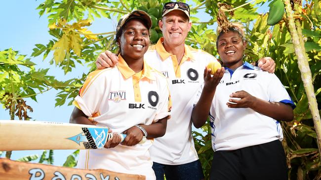 Jerrica Heenan and Alex Guy take a break from the Tiwi Ashes to hang out with Matthew Hayden in a school garden, an initiative of the Hayden Reynolds Tiwi College Project