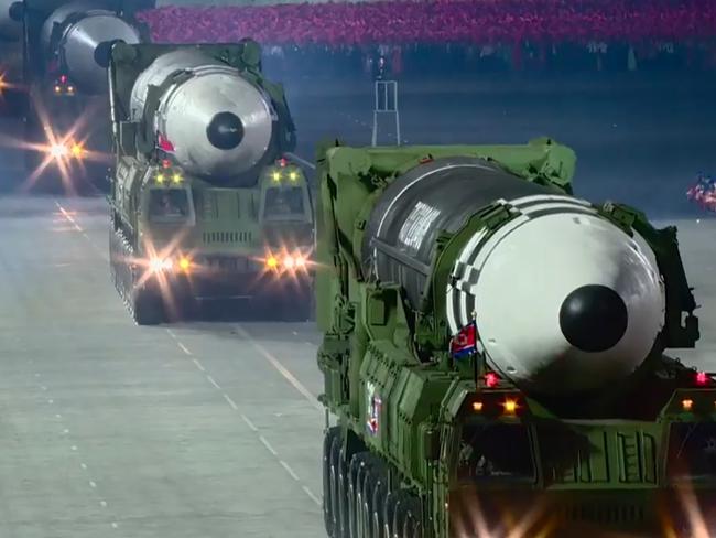 North Korean intercontinental ballistic missiles are seen during a military parade. Picture: AFP