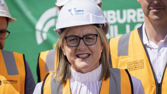 Minister for the Suburban Rail Loop, Jacinta Allan, inspects early works of the SRL in Clayton. Picture: Wayne Taylor