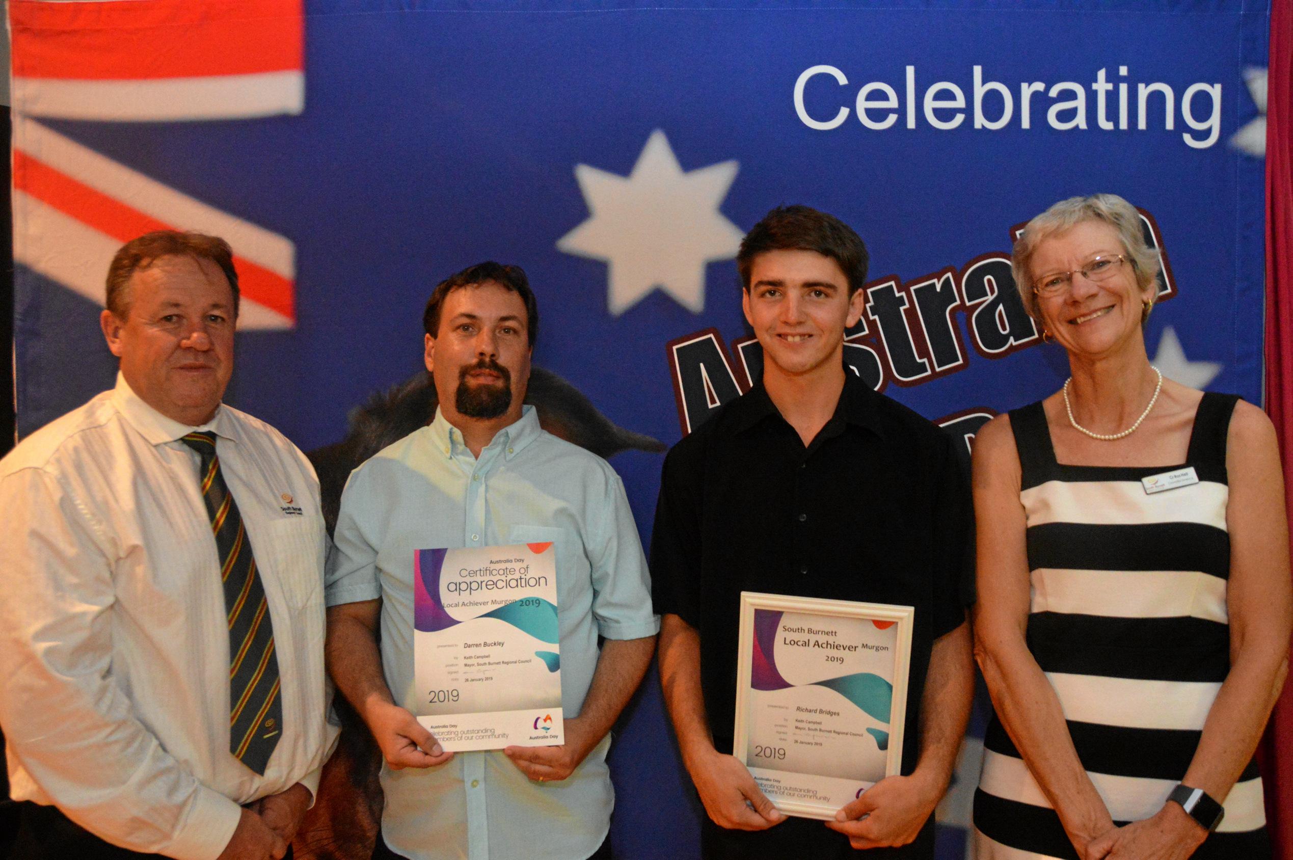 Winner o the Murgon local achiever award Richard Bridges with nominee Darren Buckley Cr Ros Heit and Cr Gavin Jones at the South Burnett Australia Day awards. Picture: Claudia Williams