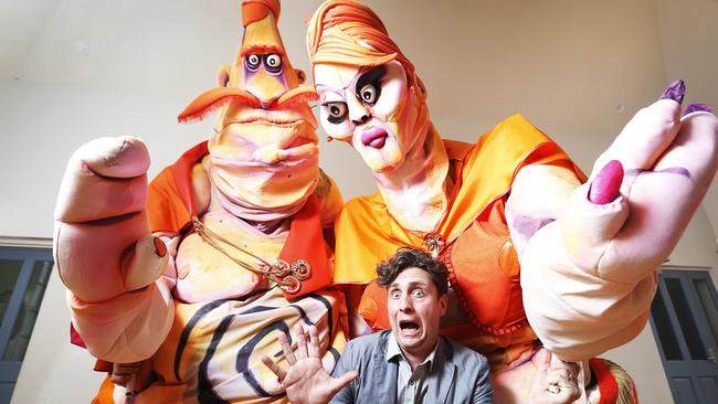 Artistic director from Terrapin Puppet Theatre Sam Routledge with King Ubu puppets Pa Ubu and Ma Ubu ahead of Mona Foma in Launceston. Picture: Zak Simmonds