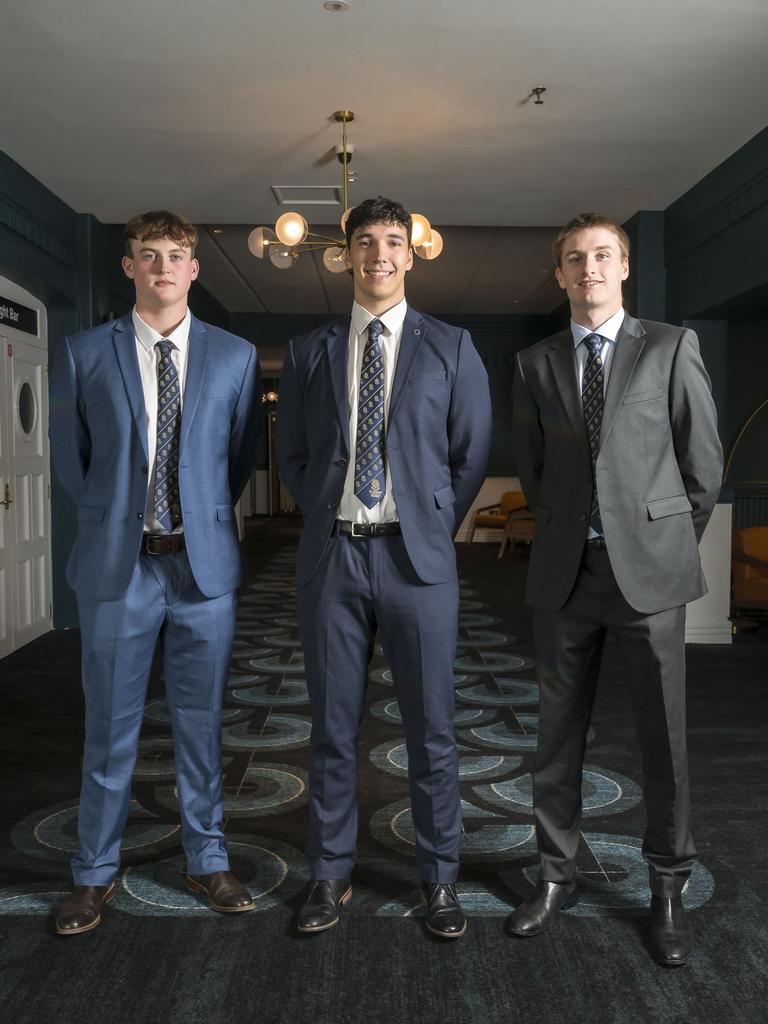 Thomas Marr, Daniel Meline and Charles Lennon- St Virgil's College Leavers 2024 at Wrest Point. Picture: Caroline Tan