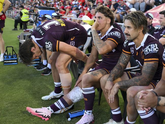 PRE 2025 RD03 Brisbane Broncos v Canterbury-Bankstown Bulldogs - Reece Walsh injury Picture NRL Photos