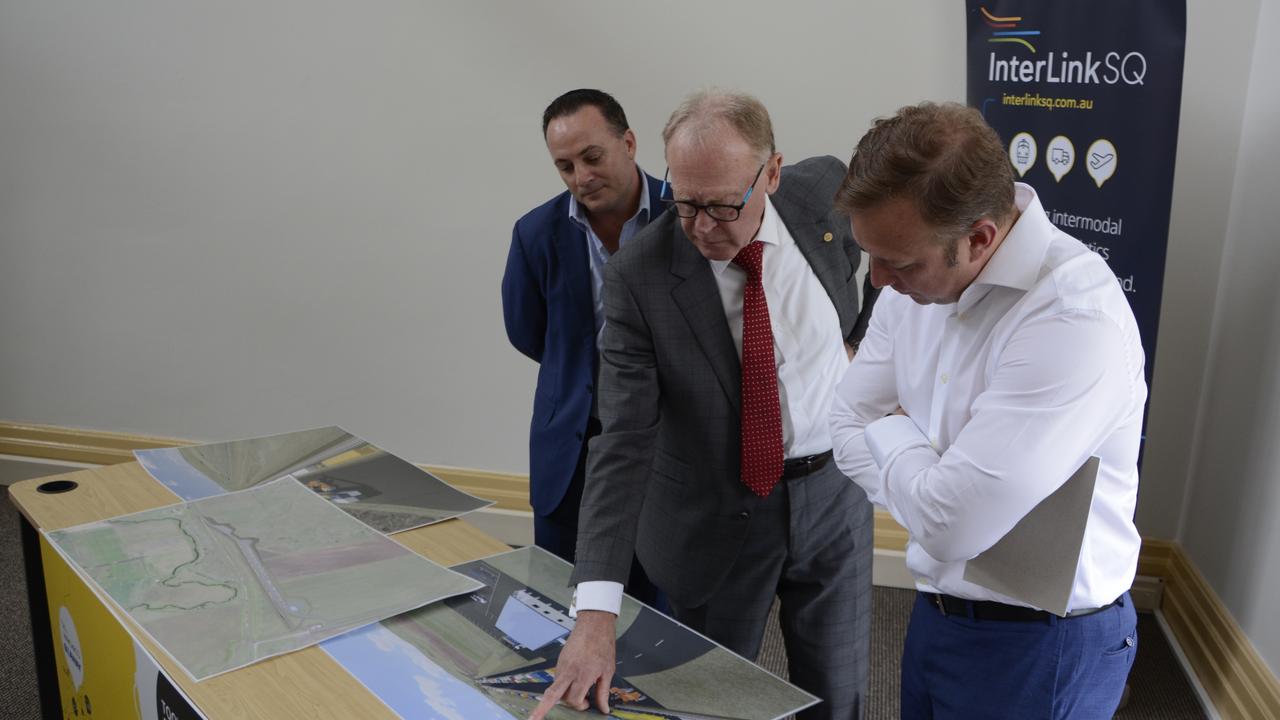 Reviewing a mock-up design for the InterLinkSQ intermodal terminal to be built at Charlton in the new year at Seaway COO Paul Szumowski, Interlink Global Logistics Chairman John Dornbusch and Deputy Premier Steven Miles.