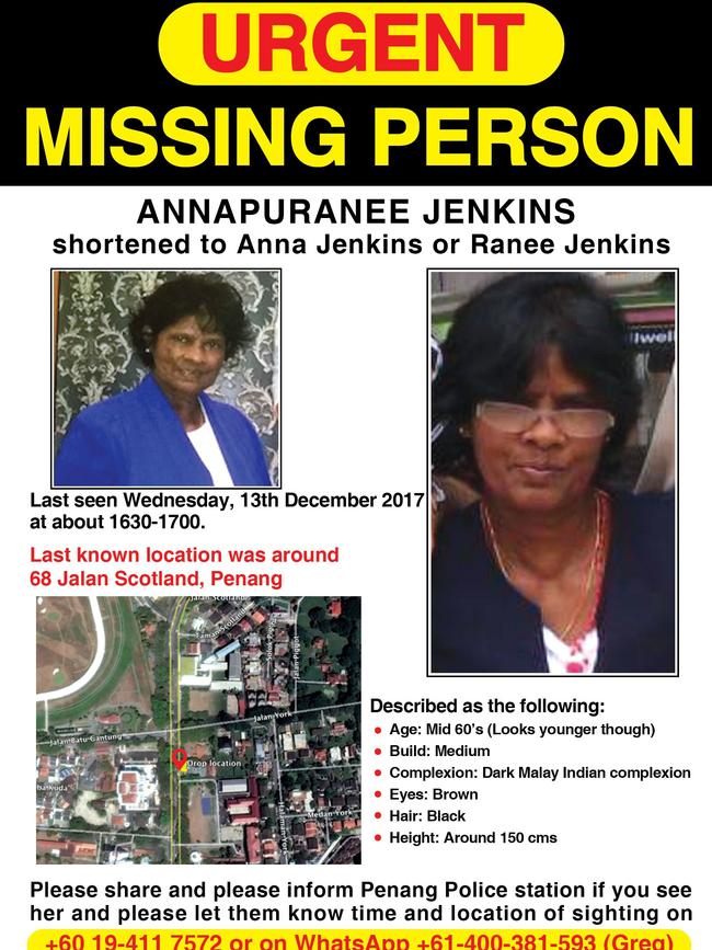 One of the flyers being posted up around Penang, Malaysia for missing Australian citizen Annapuranee Jenkins.