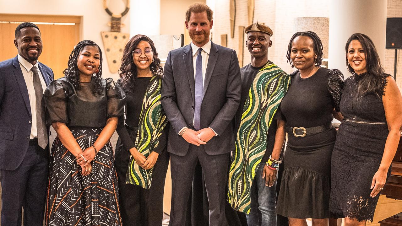 (L-R) George Sibotshiwe, Vuyo Lutseke, Youth Reporter Mary-Ann Nobele, Prince Harry, Duke of Sussex, Musa Khuzwayo, Thando Mbele-Sibotshiwe and Dr Bhakti Hansoti attend a Sentebale reception. Picture: Getty Images for Sentebale