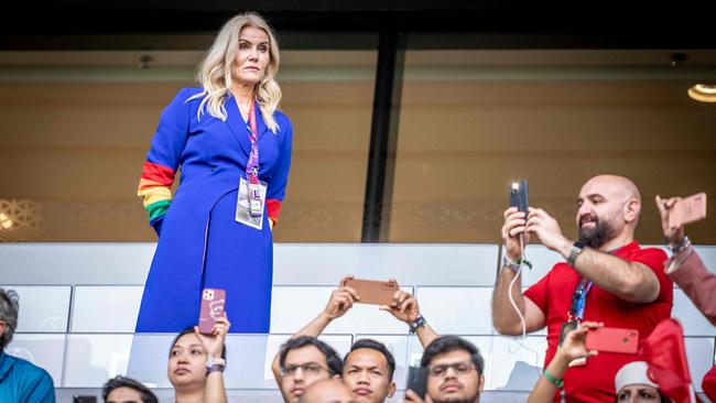 Former Danish Prime Minister Helle Thorning-Schmidt wears a rainbow coloured sleeves on her outfit at the World Cup. Picture: AFP