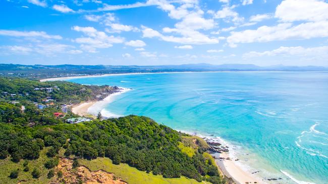 An aerial view of the exclusive Wategos beach in Byron Bay in New South Wales, Australia