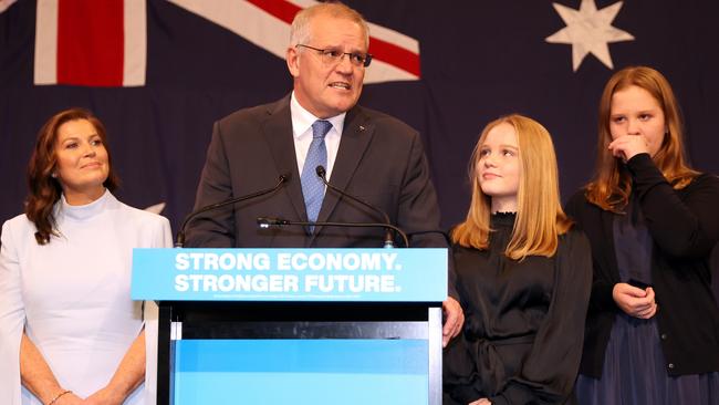 Scott Morrison on stage with his family after conceding the election on Saturday night. Picture: Asanka Ratnayake/Getty Images