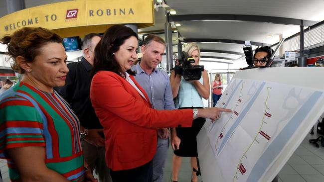 Premier Annastacia Palaszczuk, with Deputy Premier Jackie Trad, announces plans for three new Gold Coast train stations. Picture: AAP Image/Tracey Nearmy