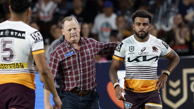 Kevin Walters consoles Ezra Mam who is inconsolable after losing the 2023 NRL Grand Final between the Brisbane Broncos and the Penrith Panthers at Accor Stadium, Sydney Olympic Park. Pics Adam Head