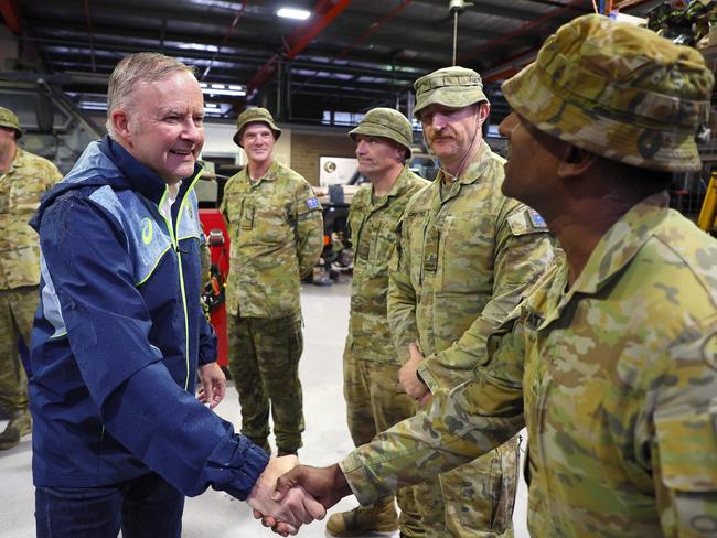 Prime Minister Anthony Albanese, Deputy Prime Minister and Minister for Defence, Richard Marles, Treasurer Jim Chalmers and the Minister for Emergency Management, Jenny McAllister during a visit to the Gallipoli Barracks on March 9, 2025 in Brisbane. Picture: Tertius Pickard – Pool/Getty Images