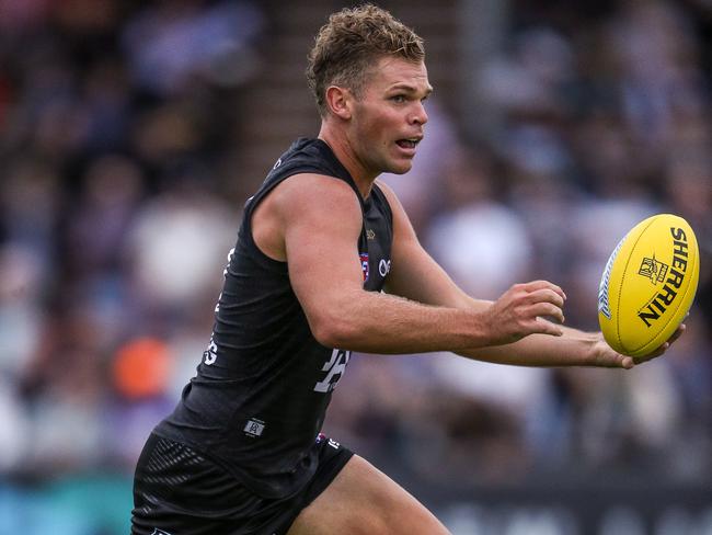 ADELAIDE, AUSTRALIA - FEBRUARY 14: Dan Houston in action during the Port Adelaide Power Intra-Club match at Alberton Oval on February 14, 2020 in Adelaide, Australia. (Photo by Matt Turner/AFL Photos via Getty Images)