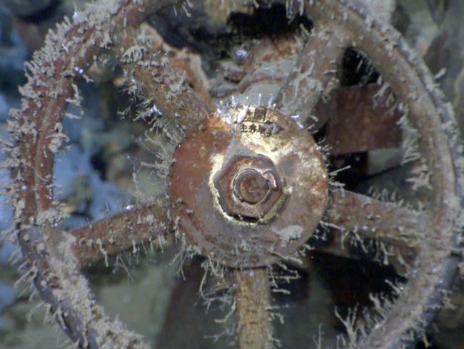 A valve wheel claimed to be from the Musashi captured with a high-definition camera mounted on an underwater probe. Picture: AP