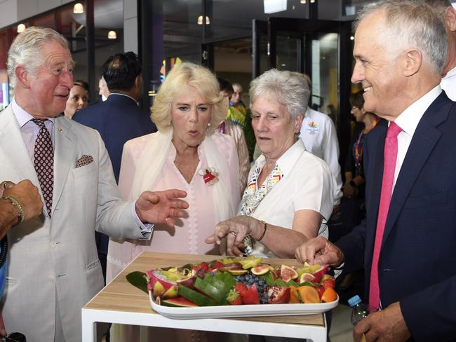 Prime Minister Malcolm Turnbull with Prince Charles, Prince of Wales and Camilla, Duchess of Cornwall at the Commonwealth Games Athlete's Village on the Gold Coast this Picture: William West — Pool/Getty Images