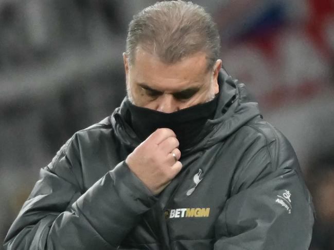 Tottenham Hotspur's Greek-Australian Head Coach Ange Postecoglou reacts during the English Premier League football match between Tottenham Hotspur and Wolverhampton Wanderers at the Tottenham Hotspur Stadium in London, on December 29, 2024. (Photo by Glyn KIRK / AFP) / RESTRICTED TO EDITORIAL USE. No use with unauthorized audio, video, data, fixture lists, club/league logos or 'live' services. Online in-match use limited to 120 images. An additional 40 images may be used in extra time. No video emulation. Social media in-match use limited to 120 images. An additional 40 images may be used in extra time. No use in betting publications, games or single club/league/player publications. /