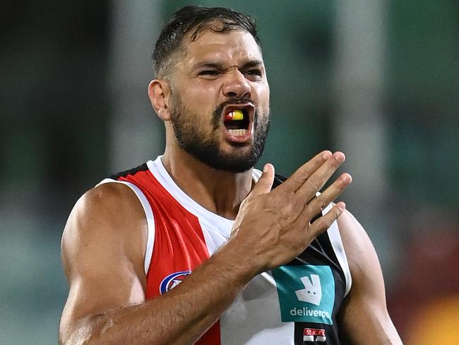 BRISBANE, AUSTRALIA - OCTOBER 03: Paddy Ryder of the Saints celebrates after scoring a goal during the AFL Second Elimination Final match between the St Kilda Saints and the Western Bulldogs at The Gabba on October 03, 2020 in Brisbane, Australia.  (Photo by Quinn Rooney/Getty Images)