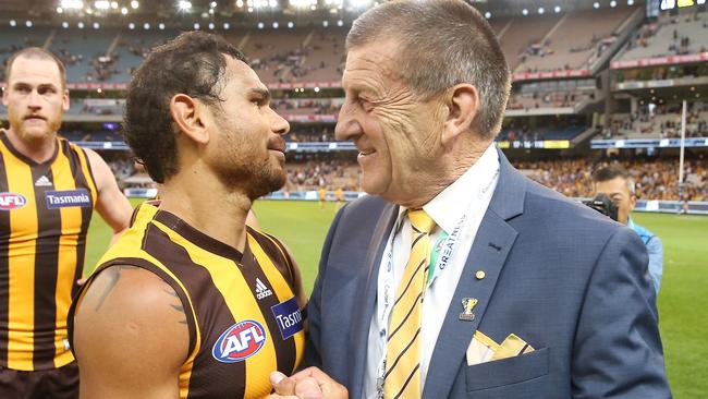 Jeff Kennett and Cyril Rioli after a win in 2018.